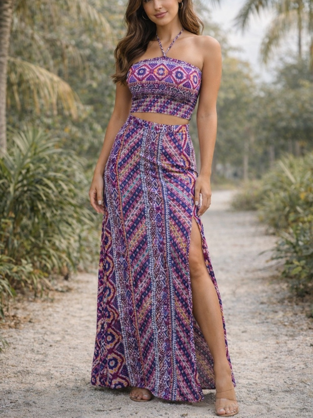 Boho Halter Crop Top and Maxi Slit Skirt Coord 2 Piece Set